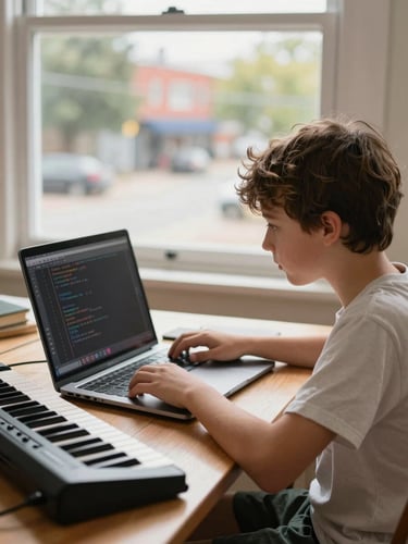 A young student sitting at a wooden table, focused on coding on a laptop while a keyboard instrument sits nearby, warm natural window light, shallow depth of field, 35mm.