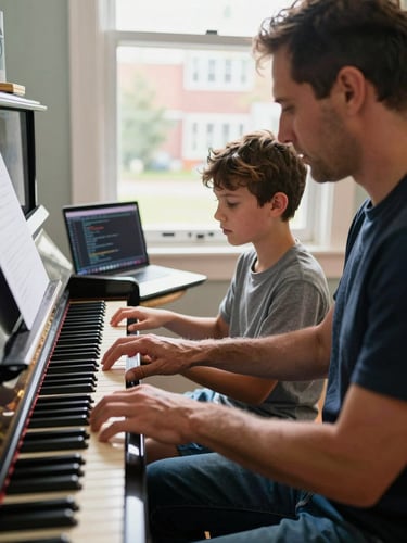 A high-contrast medium shot of a young student and a mentor sitting side-by-side, one guiding hands on a piano keyboard next to a laptop displaying code, warm natural window light, 35mm.