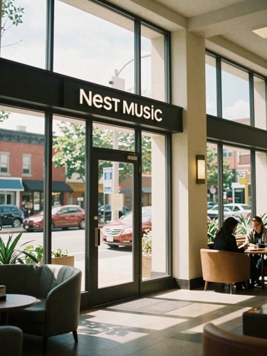 A warm environmental shot of the Nest Music Conservatory entrance and lobby, soft natural window light casting a welcoming glow, vibrant neighborhood tones, 35mm photography