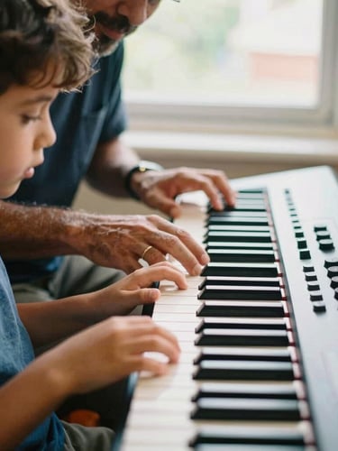 A close-up of a mentor guiding a young student's hands on a MIDI keyboard, warm natural light, focus on the keys and hands, 35mm photography