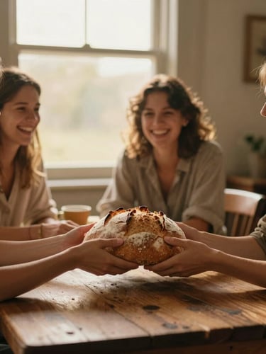 A warm, candid portrait of three women laughing around a rustic wooden dining table, hands passing a loaf of bread, soft golden-hour window light, shallow depth of field