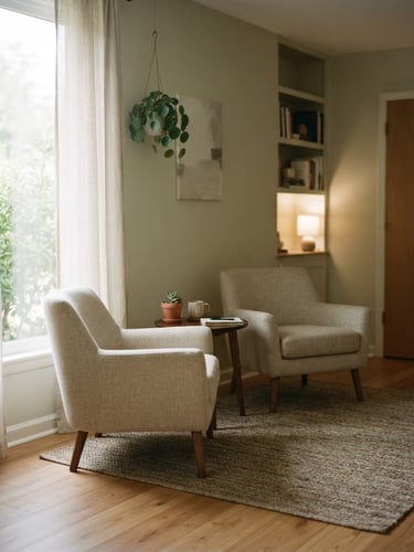 Soft diffused window light illuminating a serene, empty therapy room with two comfortable chairs, warm wooden floor, minimalist editorial style, 35mm