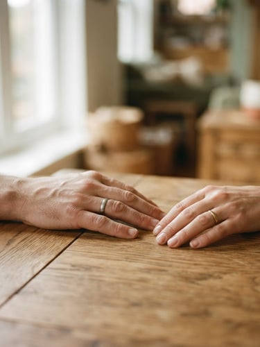 Soft-focus medium close-up of two hands resting near each other on a warm wooden table, diffused natural window light, shallow depth of field, 35mm.