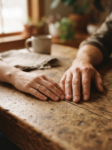 A quiet, authentic moment of two hands resting near each other on a rustic wooden table, soft diffused window light, warm earth tones, shallow depth of field, 35mm