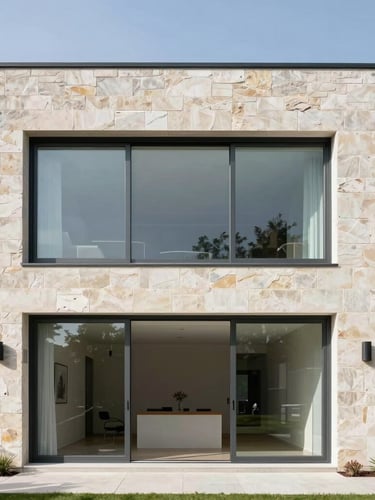 Straight-on architectural elevation of a renovated modern residence, natural daylight highlighting limestone cladding and premium custom steel window frames, wide angle, 35mm.