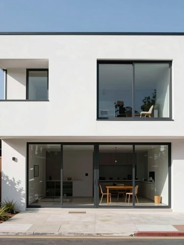 Straight-on architectural elevation of a modernized mid-century home exterior, striking natural daylight, clean minimalist lines, 35mm