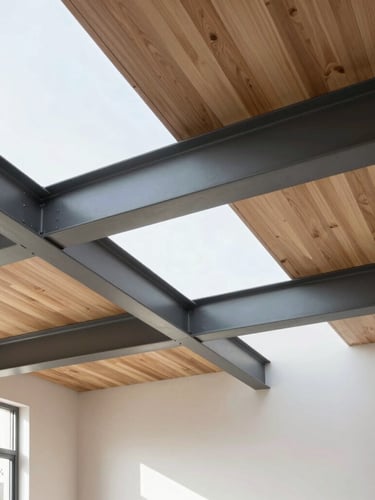 Editorial architectural photography of a modern residential renovation, clean structural steel beams integrated into a minimalist wood-framed ceiling, bright natural daylight streaming in, 35mm.