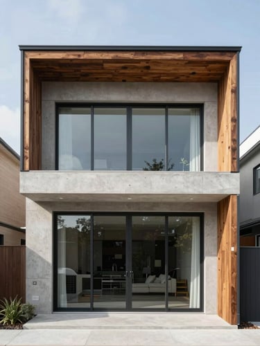Straight-on architectural elevation of a modern home facade, clean concrete and dark wood trim, bright natural daylight, 35mm photography