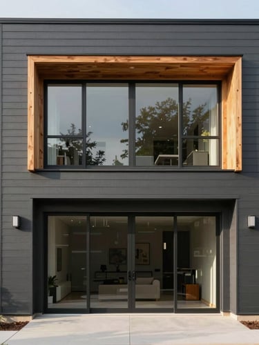 Straight-on architectural elevation of a modern residential facade, premium charcoal siding, warm cedar accents, striking natural afternoon daylight casting soft shadows, 35mm photography