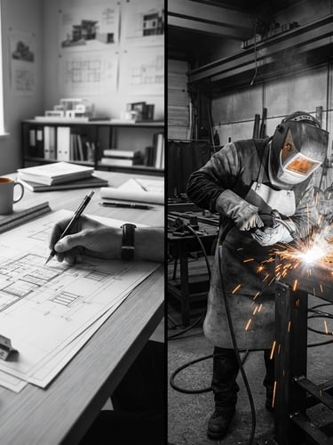 High-contrast split image: left side, an architect's hand sketching a detailed blueprint on a minimalist desk; right side, a skilled fabricator welding raw steel in a well-lit workshop, sparks flying. Both scenes are stark monochrome with subtle orange accents, architectural lines, and deep shadows.