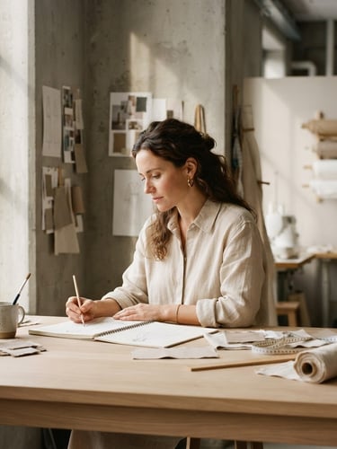 Warm minimalist portrait of a female designer in her workshop, soft natural side-lighting casting gentle shadows on concrete walls, elegant beige tones, editorial style