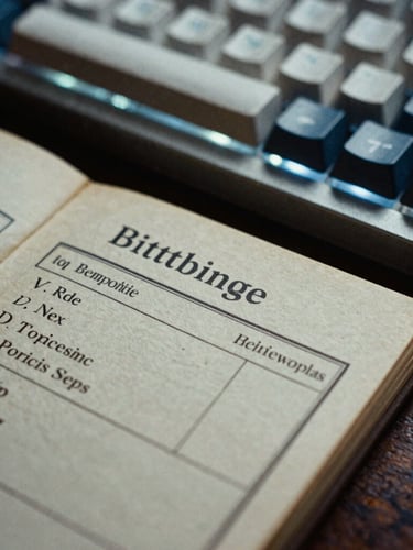 Macro close-up of a vintage library catalog card resting next to a modern mechanical keyboard with keycaps, soft screen glow lighting, high contrast, 35mm film grain.