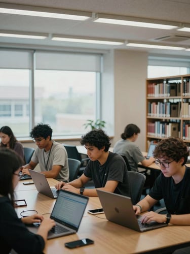 Candid documentary shot of diverse library developers collaborating over laptops in a softly lit university library space, natural window light, desaturated academic tones, 35mm film grain.