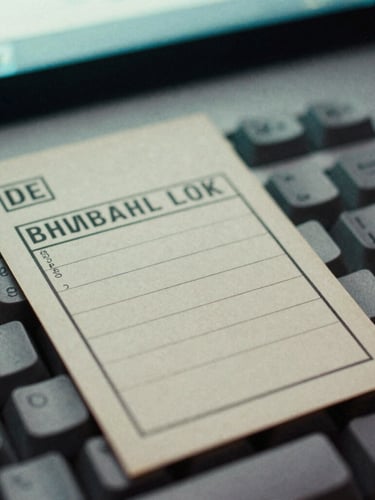 Macro close-up of a vintage library catalog card resting on a modern mechanical keyboard, soft green terminal screen glow in the background, 35mm film grain