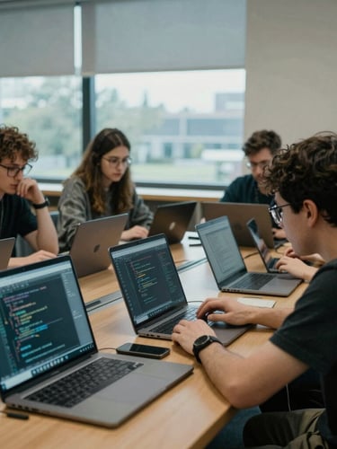 Candid documentary shot of library programmers collaborating around a wooden table, laptops open with code editors visible, cool window light, natural academic setting, desaturated tones
