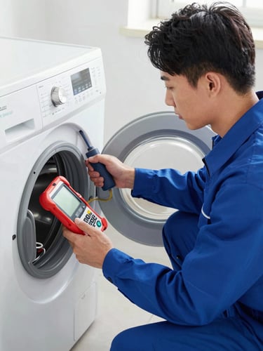 A certified technician in a clean uniform using professional diagnostic tools to check the wiring of a washing machine, bright natural daylight, crisp details, 35mm lens