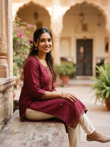 Warm editorial 35mm photograph of a modern Indian woman in natural daylight wearing an elegant wine-colored Kurti, soft architectural background, shallow depth of field