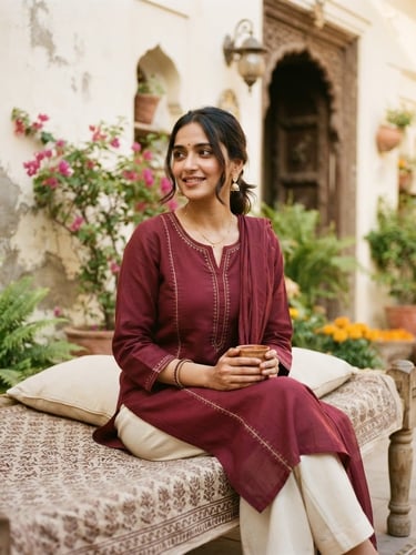 A modern Indian woman sitting gracefully in a sunlit cream-walled courtyard, wearing an elegant wine-colored cotton Kurti with subtle gold embroidery, soft natural daylight, shallow depth of field, 35mm editorial photography