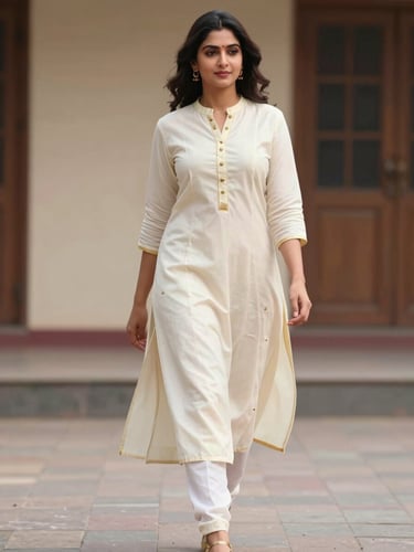 Elegant drape of a cream Kurti with gold accents on a modern Indian woman walking in soft natural daylight
