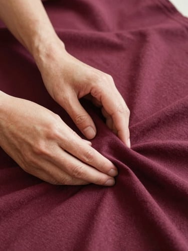 Warm editorial close-up of hands touching premium wine-colored cotton fabric, soft natural daylight, focusing on the fine weave and texture, 35mm