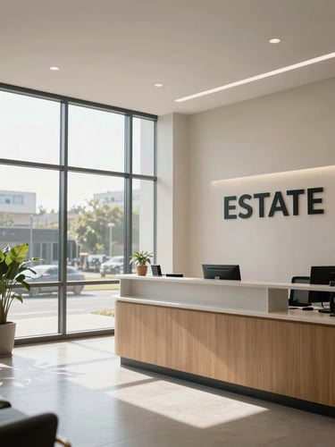 Wide interior shot of a professional real estate office, reception desk and signage visible to the right, natural north-facing daylight through tall windows on the left, clean institutional setting with neutral tones