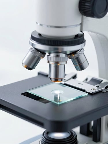A high-precision laboratory microscope with a pristine cover slip placed on a glass slide under bright clinical white studio light.
