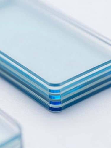 Macro close-up of pristine microscope glass slides stacked neatly on a clinical white surface, blue light reflecting off the precision beveled edges.