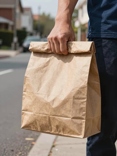 Close-up of a professional courier's hand holding a discreet, unmarked brown paper delivery bag, bright natural daylight with soft clean shadows, quiet Alexandria residential street in the background.