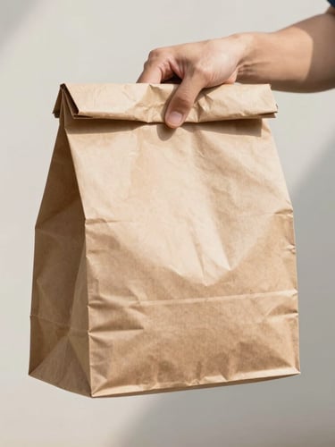 A professional courier's hand holding a discreet, unmarked brown paper delivery bag, natural daylight, soft shadows, clean background.