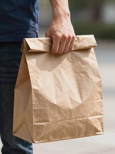 A professional courier's hand holding a sleek, unmarked brown paper delivery bag, bright daylight, close-up framing.