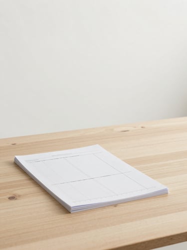 Minimalist editorial photography of a person studying technical ledger documents on a clean wooden table, soft overcast daylight, muted slate and cream tones.