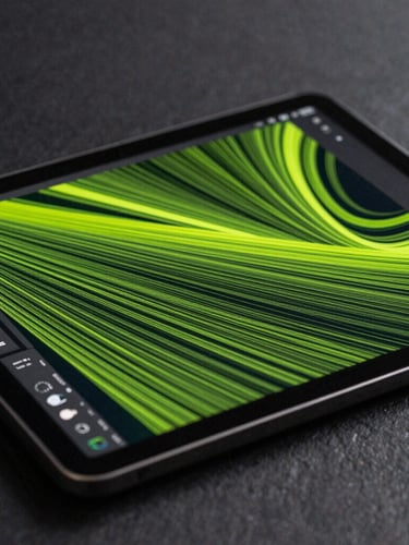 Extreme close-up of a premium Android tablet displaying a vector canvas with sharp neon-green lines, studio lighting, soft shadows, dark slate background