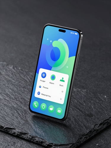 Isometric 3D render of a premium Android smartphone floating over a dark slate background. The screen displays a vibrant Material You interface with neon mint toggles and geometric learning widgets. Soft studio lighting, clean shadows.
