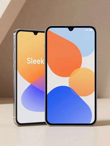 Sleek isometric mockup of a premium Android phone and tablet side-by-side, sharing a vibrant color palette across screens, minimal 3D geometric background, soft studio shadows.
