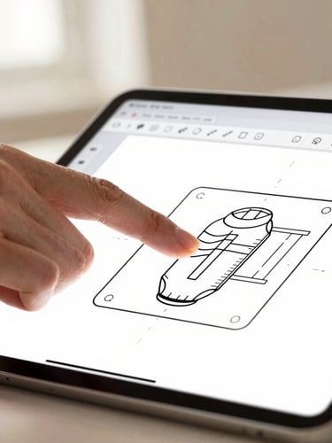 Extreme close-up of a hand interacting with a premium Android tablet screen. A clean vector drawing application is open, showing precise line art and a minimalist toolbar. Soft side window light, warm cream tones.