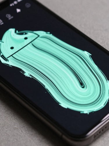 Extreme close-up of a premium Android smartphone screen showing a fluid vector drawing canvas with electric mint brush strokes, studio lighting with soft shadows, high-fidelity UI details.