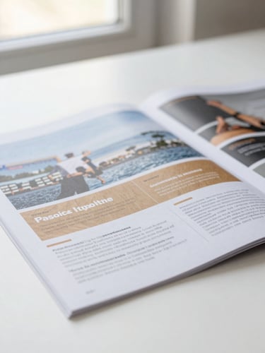 Close-up of a printed campaign spread laid flat on a clean white surface under soft natural window light, showing precise typographic layout and brand color blocks, sharp detail on ink texture
