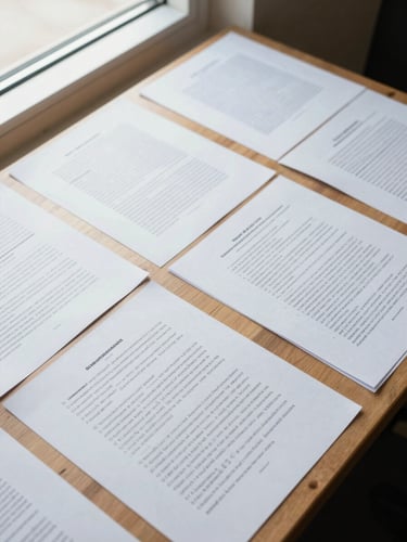 Overhead shot of a strategy session table — printed brief documents, a few precise annotations in black ink on white paper, clean natural window light from the side, no people visible
