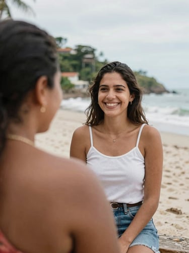 Flávia Pascoal smiling warmly, listening to a community member in a coastal neighborhood of Ubatuba, soft natural daylight, 35mm photography.