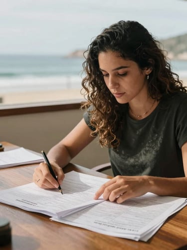 Medium shot of Flávia Pascoal at her wooden desk analyzing municipal planning documents, warm natural coastal light, authentic documentary style, 35mm