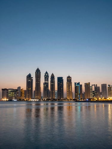 Wide panoramic view of Dubai's skyline at dusk from across the water, glowing towers reflected in still water, cool blue and gold city glow, low horizon line, generous sky above, cinematic 21:9 framing