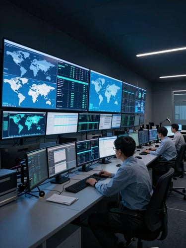 Wide-angle view of a modern enterprise operations center at night, multiple large monitors displaying live dashboards and global maps, cool blue and cyan screen glow, a lone engineer reviewing data at a workstation, deep navy environment with subtle ambient light