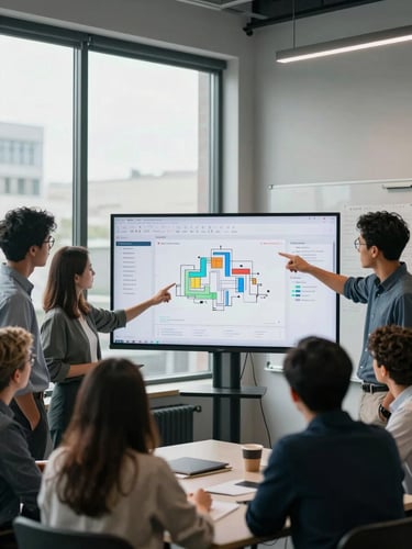 Wide shot of a multicultural team gathered around a large monitor displaying enterprise dashboard data, pointing at architecture diagrams pinned to a whiteboard, cool north-facing office daylight, screen glow as secondary light source