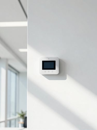 Bright architectural photography of a modern high-key office interior flooded with daylight, clean straight-on lines, a digital air sensor subtly mounted on a white wall, 35mm lens.