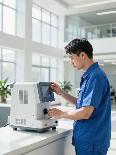 A professional technician in clean attire calibrating a digital air monitoring instrument inside a bright, modern commercial lobby with high-key daylight.