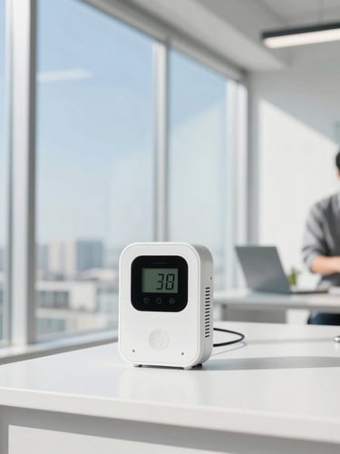 A high-exposure architectural office shot with clean natural daylight, showing a professional technician calibrating digital air quality sensors on a clean white desk, 35mm lens, sharp focus.