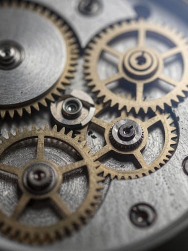 Extreme close-up of mechanical Swiss watch gears, dark metallic textures, sharp chiaroscuro highlights on polished steel, minimalist composition