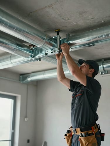 Wide environmental shot of an HVAC technician installing ductwork in a modern residential space, hands working precisely on metal fittings, clean technical overhead lighting, tool belt visible, cool neutral tones, no faces shown — framed to emphasize skilled labor and precision