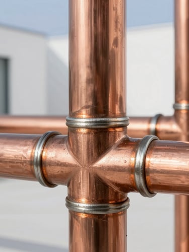 Macro close-up of a pristine copper piping manifold with precise brazing joints, bright clean studio lighting, technical blueprint lines visible in background, sharp focus, 35mm