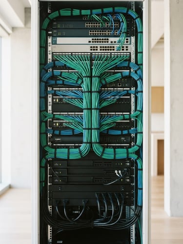 Close-up of a neatly dressed AV rack with clean green and blue Ethernet cabling, organized power management, bright natural light, architectural angle.